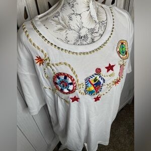Vintage Victoria Woman's Size 2X White Embroidered & Embellised Nautical Top